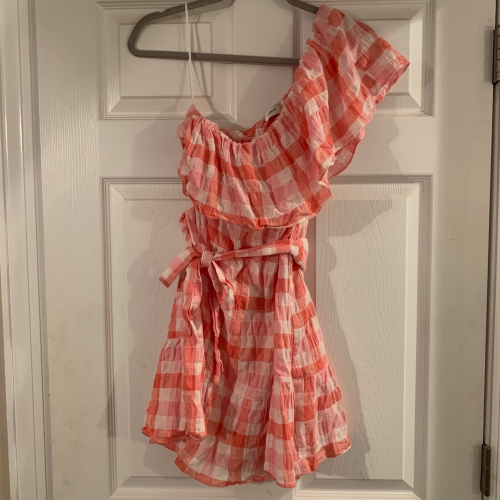 plaid one shoulder ruffle dress